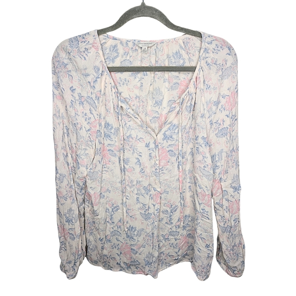 Lucky Brand Floral Long Sleeve Blouse Blue Pink Toile Print Size Large